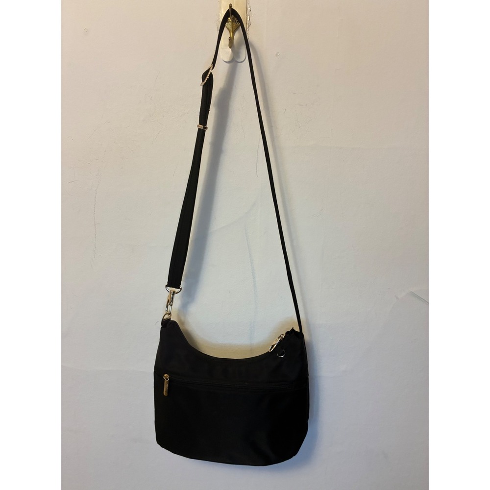 Travelon Anti-Theft Crossbody Bag Black Nylon Pink Lining Multi Pocket Gold Trim